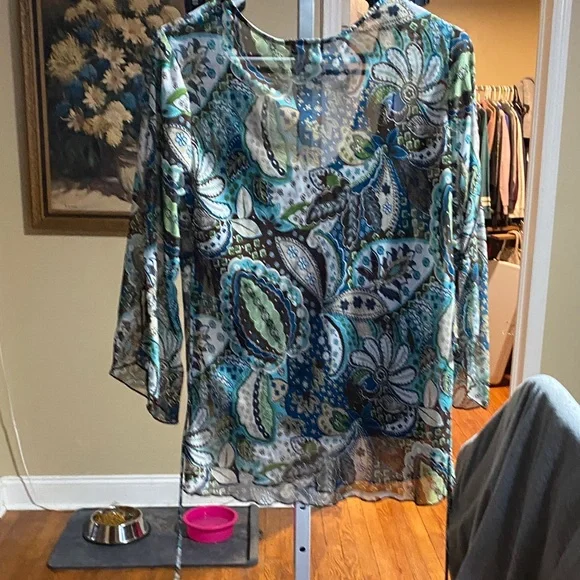 Jordache Sheer Paisley Blouse in Blue and Green - Picture 3 of 3